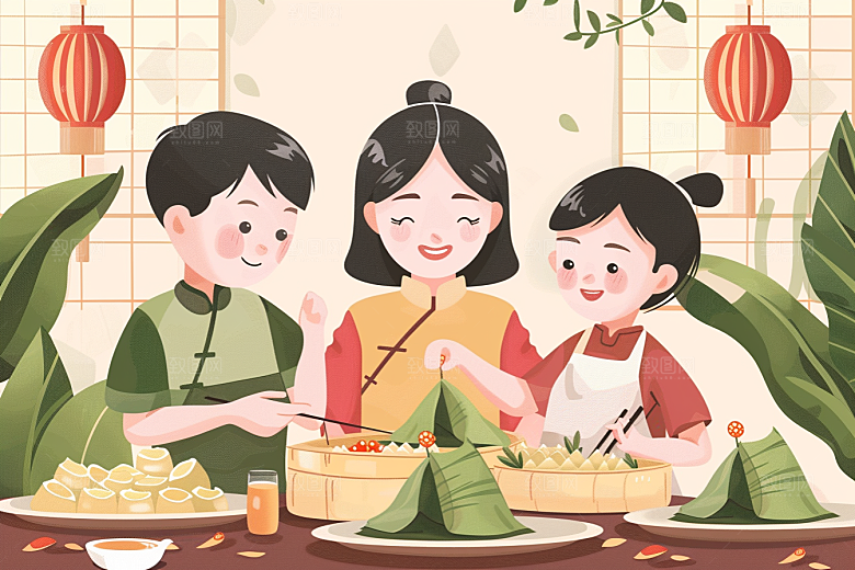 端午包粽子端午节幸福插画