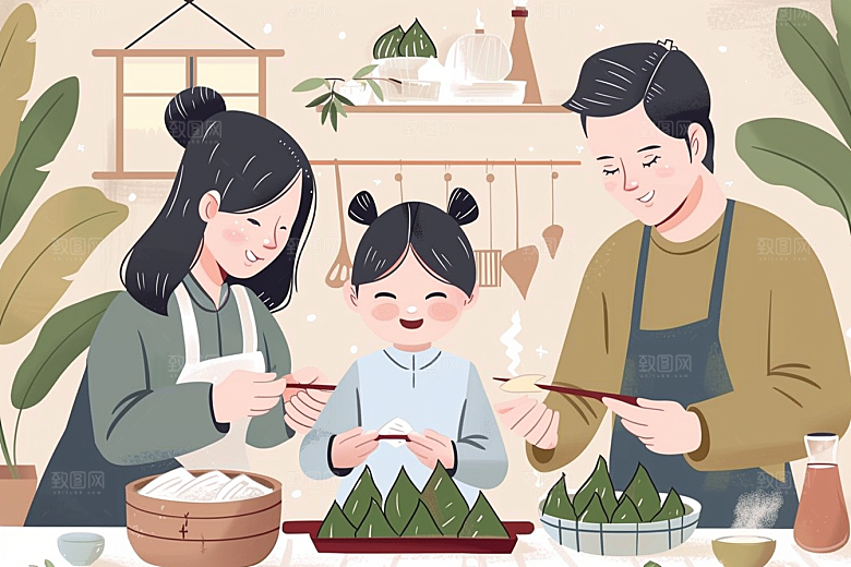 端午包粽子幸福传统文化插画
