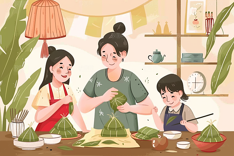 端午包粽子温馨小吃插画