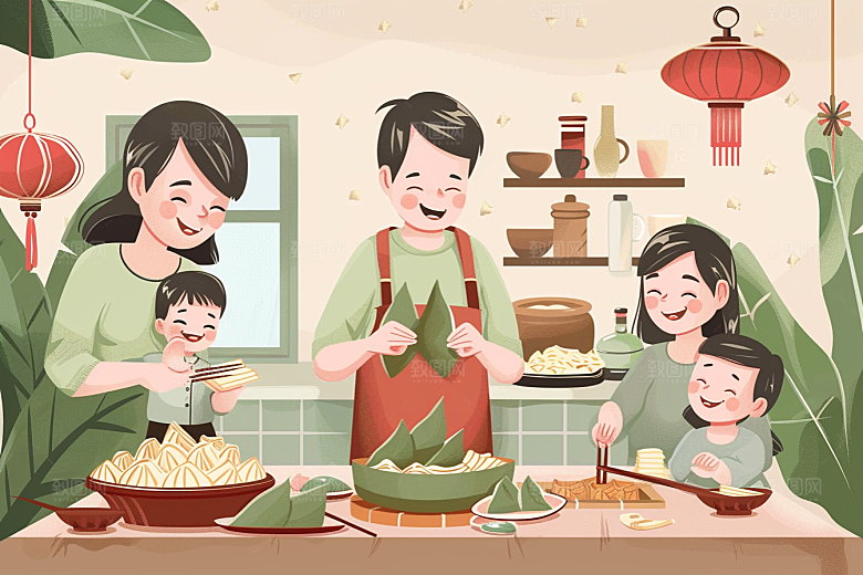 端午包粽子小吃手绘插画