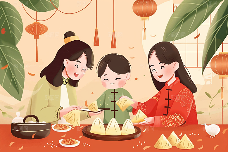 端午包粽子温馨糯米插画