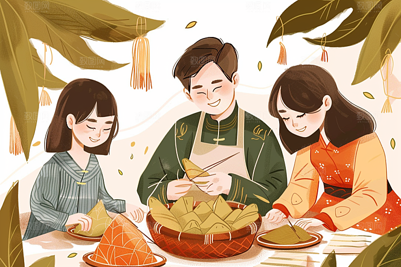 端午包粽子美味习俗插画
