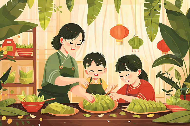端午包粽子高清小吃插画