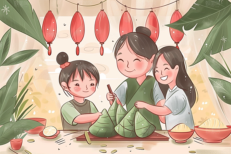 端午包粽子手绘美食插画