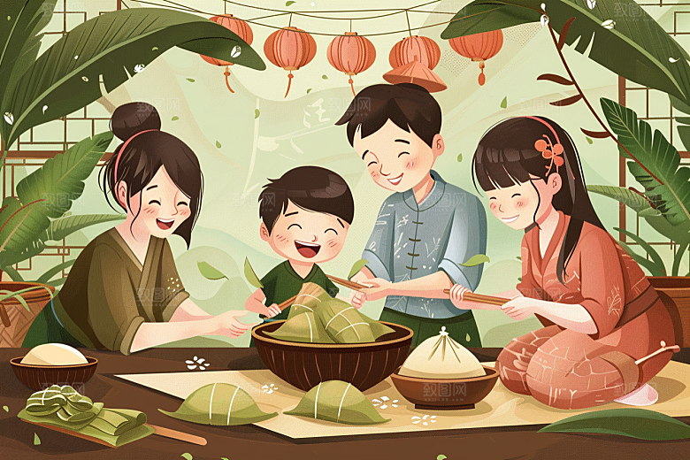 端午包粽子传统文化温馨插画