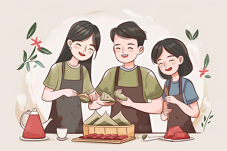 端午包粽子温馨阖家团聚插画