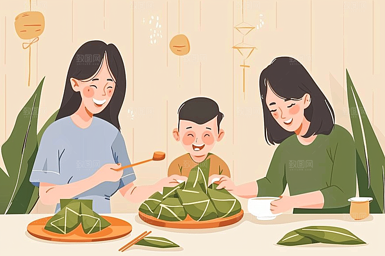 端午包粽子阖家团聚手绘插画
