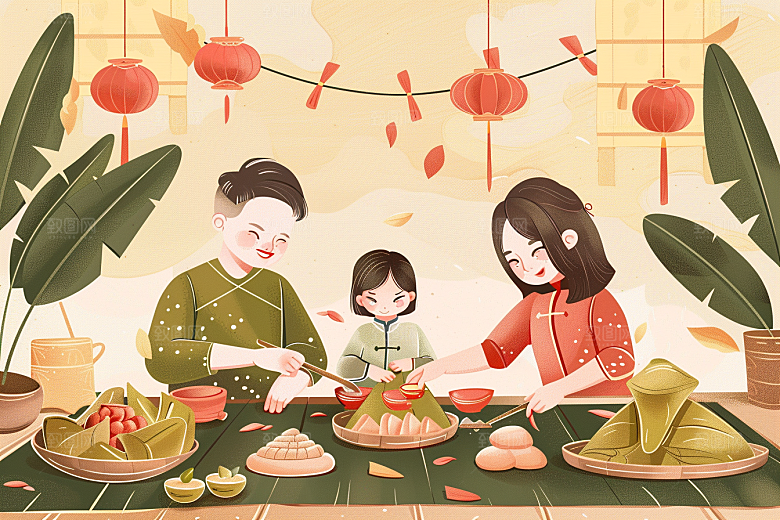 端午包粽子温馨高清插画