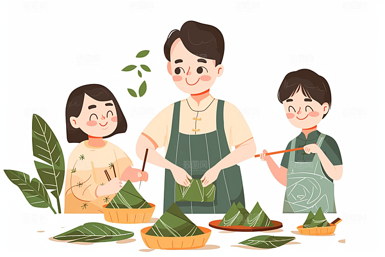 端午包粽子阖家团聚传统文化插画