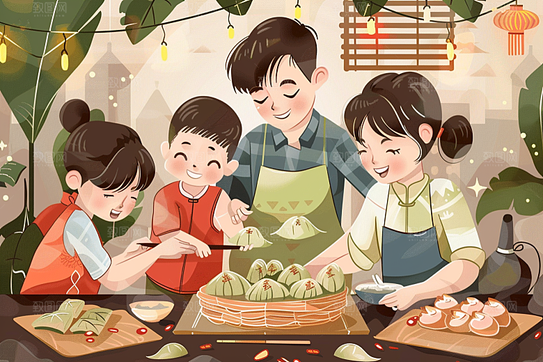 端午包粽子温馨高清插画