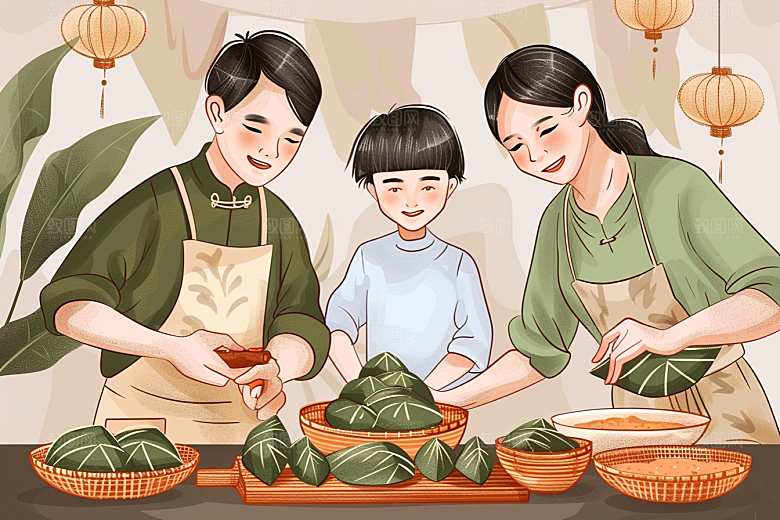 端午包粽子手绘习俗插画