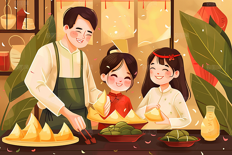 端午包粽子小吃手绘插画