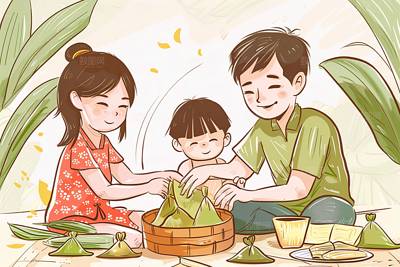 端午包粽子端午节阖家团聚插画