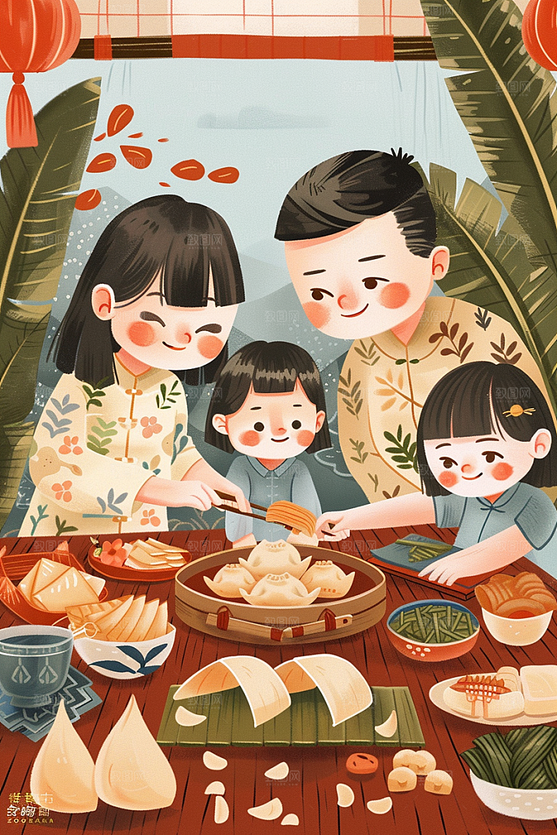 端午包粽子节日手绘插画