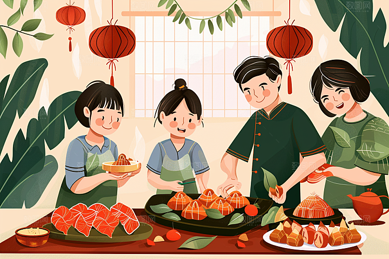 端午包粽子节日传统文化插画