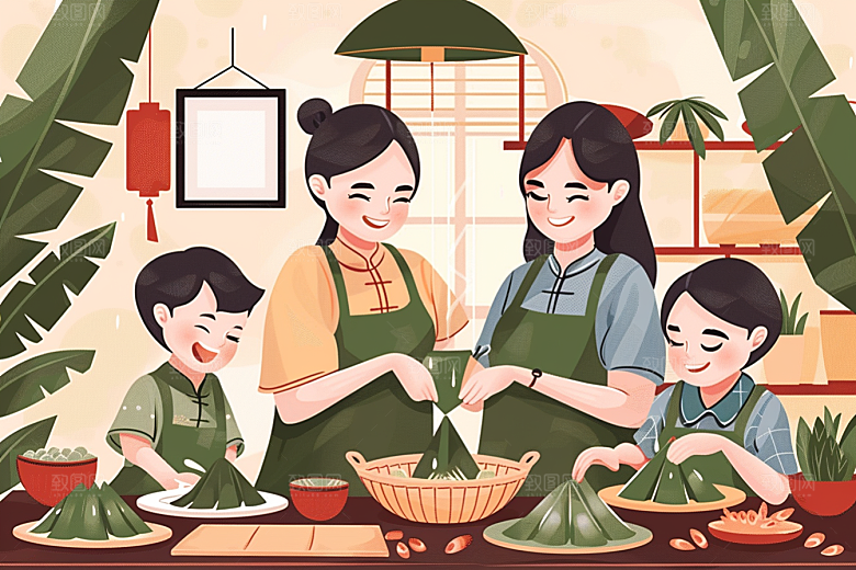 端午包粽子粽叶幸福插画