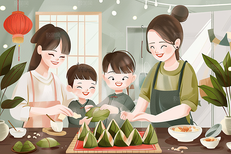 端午包粽子阖家团聚传统文化插画