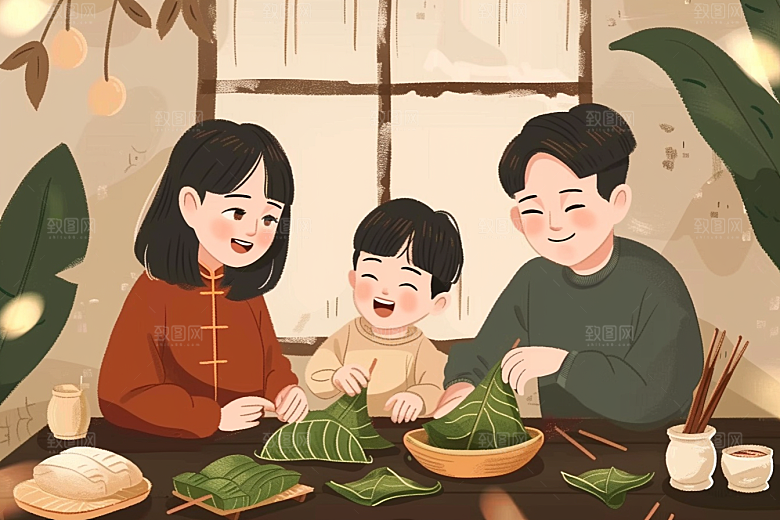 端午包粽子幸福手绘插画