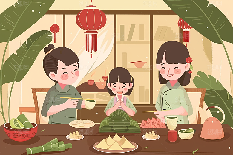 端午包粽子美食阖家团聚插画