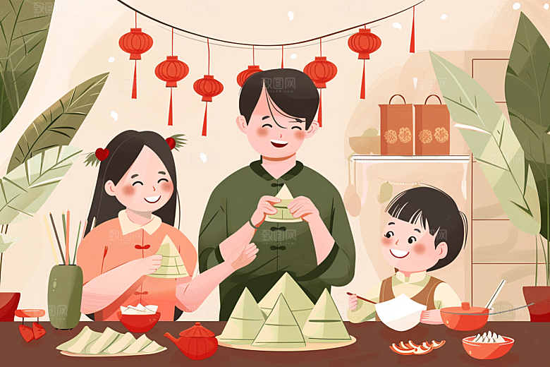 端午包粽子粽叶幸福插画