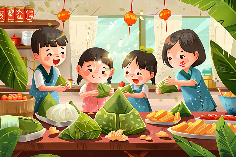 端午包粽子习俗传统文化插画
