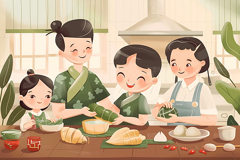 端午包粽子幸福习俗插画