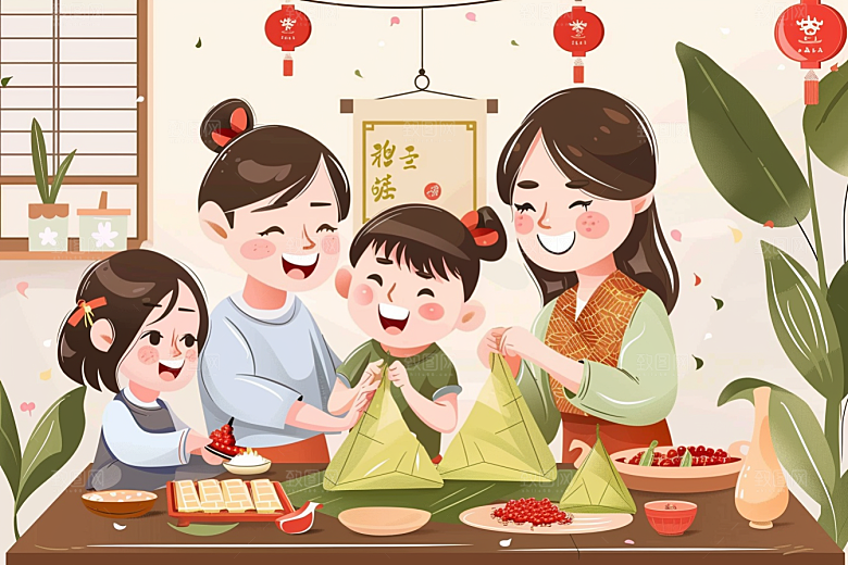 端午包粽子幸福温馨插画