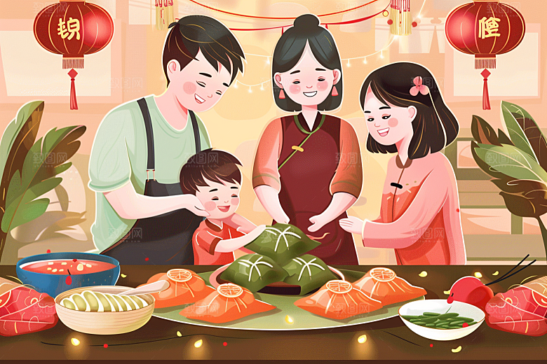 端午包粽子阖家团聚美味插画
