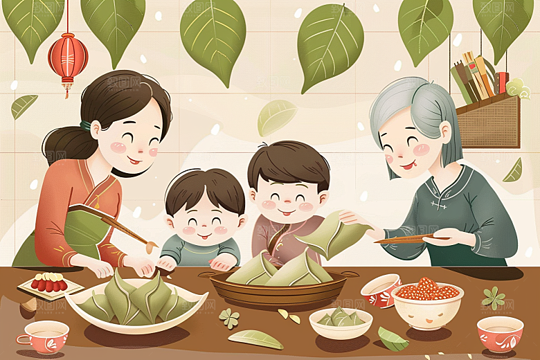 端午包粽子手绘糯米插画
