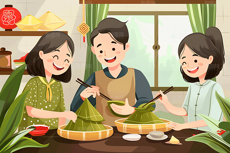 端午包粽子粽叶美食插画
