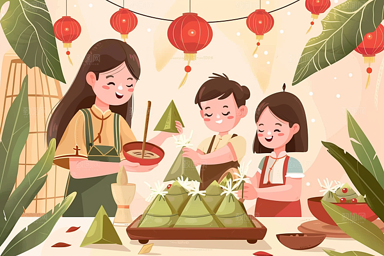 端午包粽子温馨习俗插画