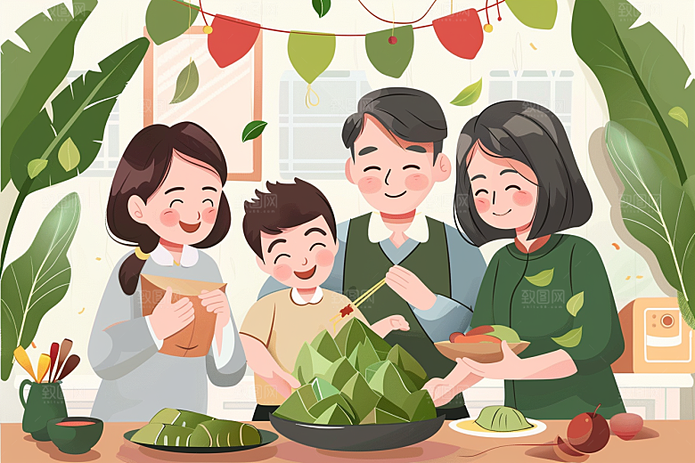端午包粽子幸福粽叶插画