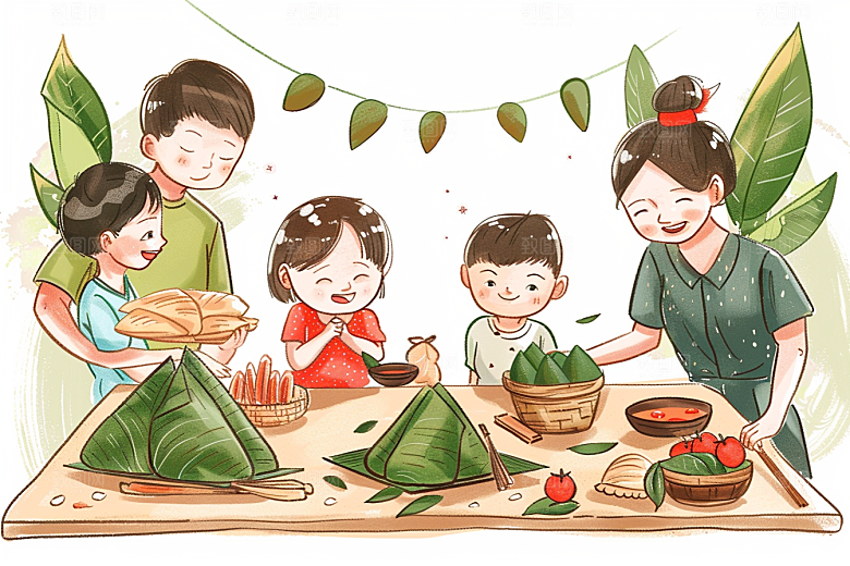 端午包粽子小吃习俗插画
