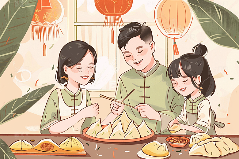 端午包粽子阖家团聚节日插画