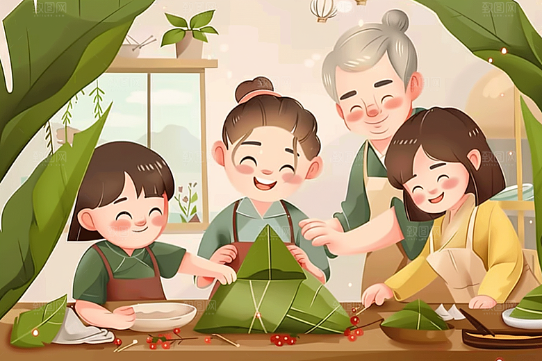 端午包粽子习俗端午节插画