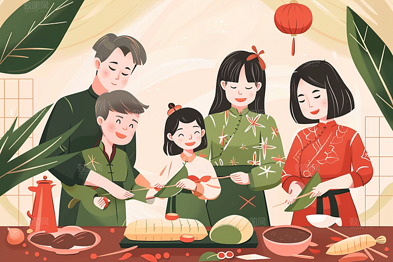 端午包粽子美食习俗插画