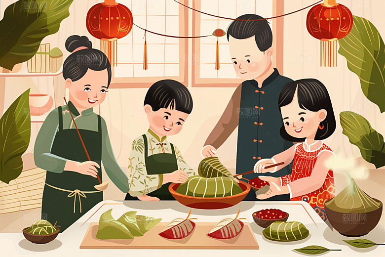 端午包粽子温馨阖家团聚插画