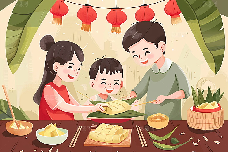 端午包粽子幸福阖家团聚插画