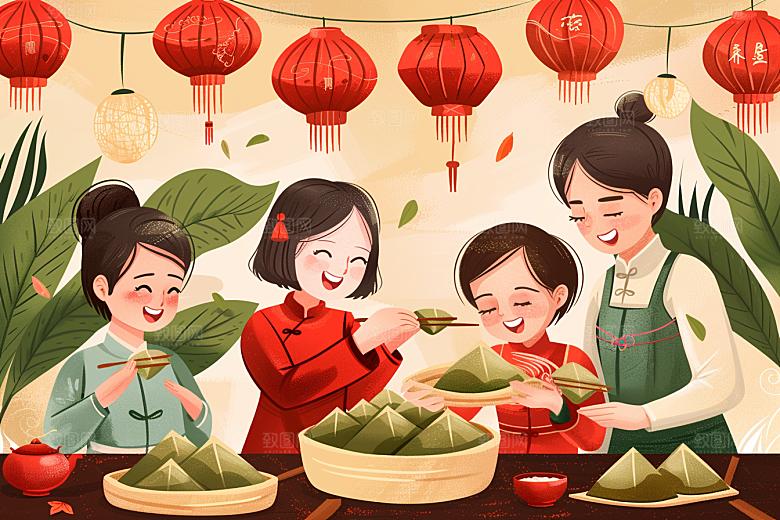 端午包粽子端午节习俗插画