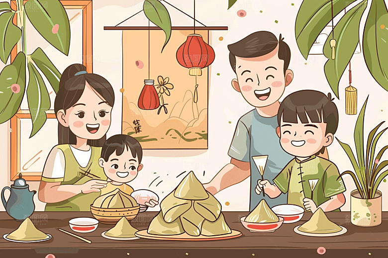 端午包粽子幸福传统文化插画