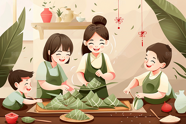 端午包粽子习俗美味插画