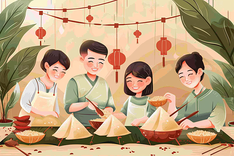 端午包粽子温馨高清插画