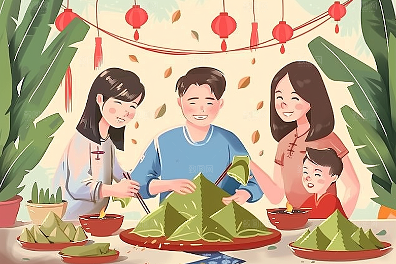 端午包粽子粽叶美味插画