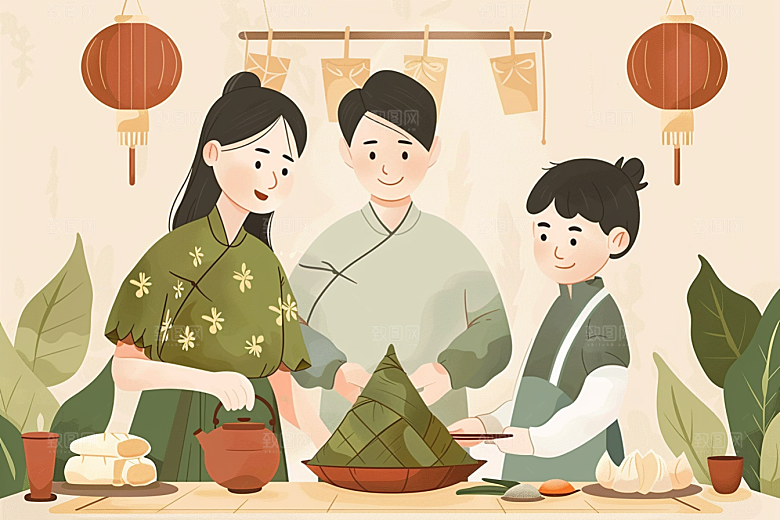 端午包粽子美味阖家团聚插画