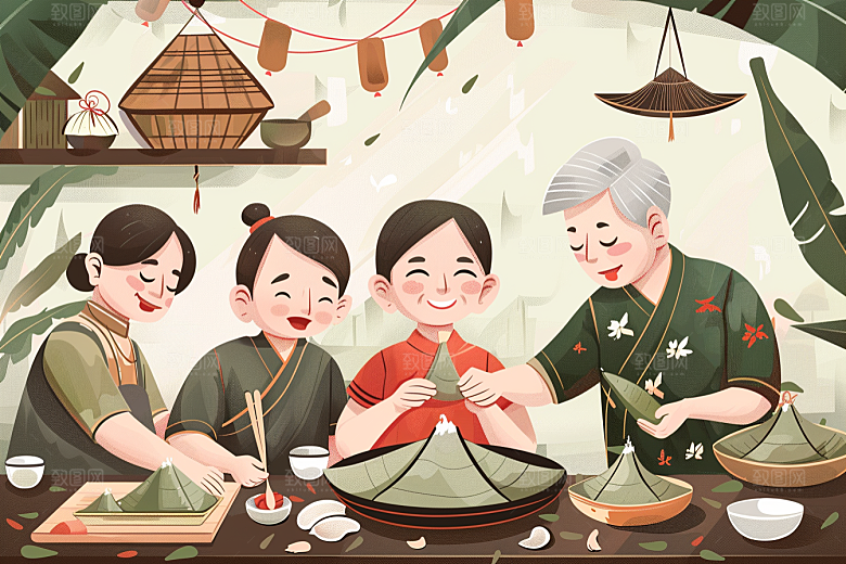 端午包粽子美食节日氛围插画