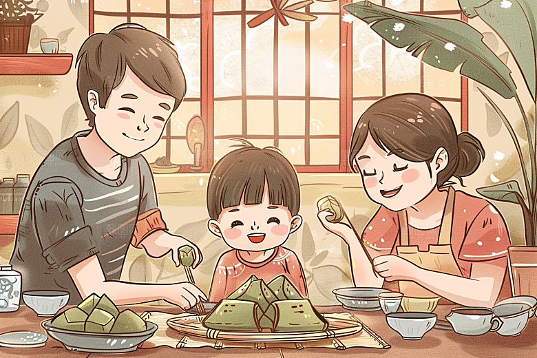 端午包粽子阖家团聚端午节插画