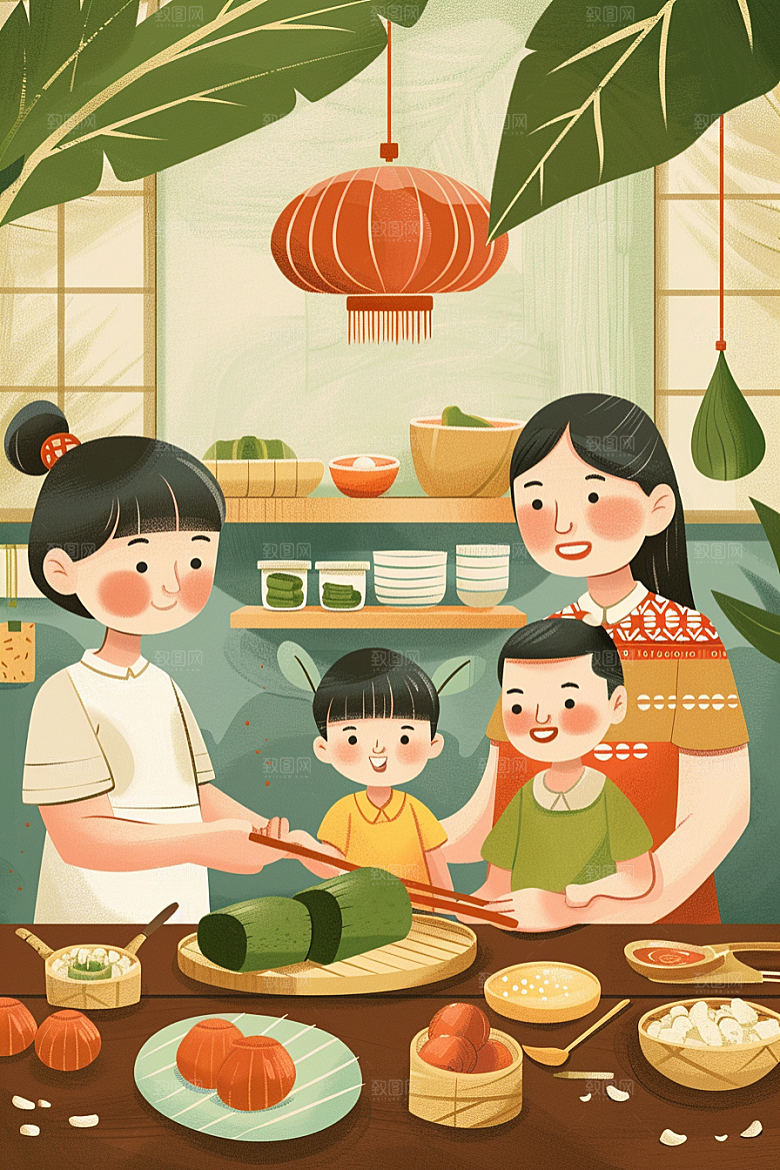 端午包粽子温馨粽叶插画