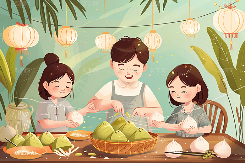 端午包粽子小吃节日插画