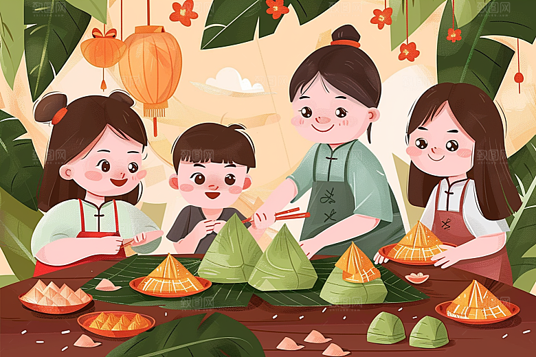 端午包粽子幸福粽叶插画