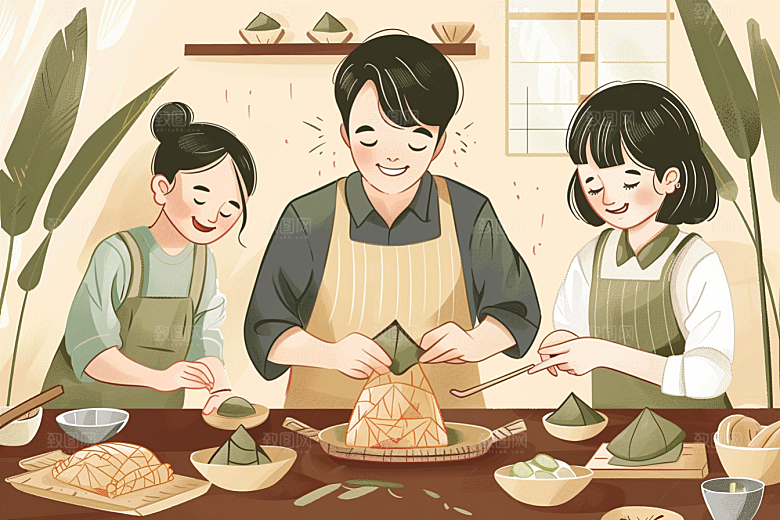 端午包粽子阖家团聚传统文化插画
